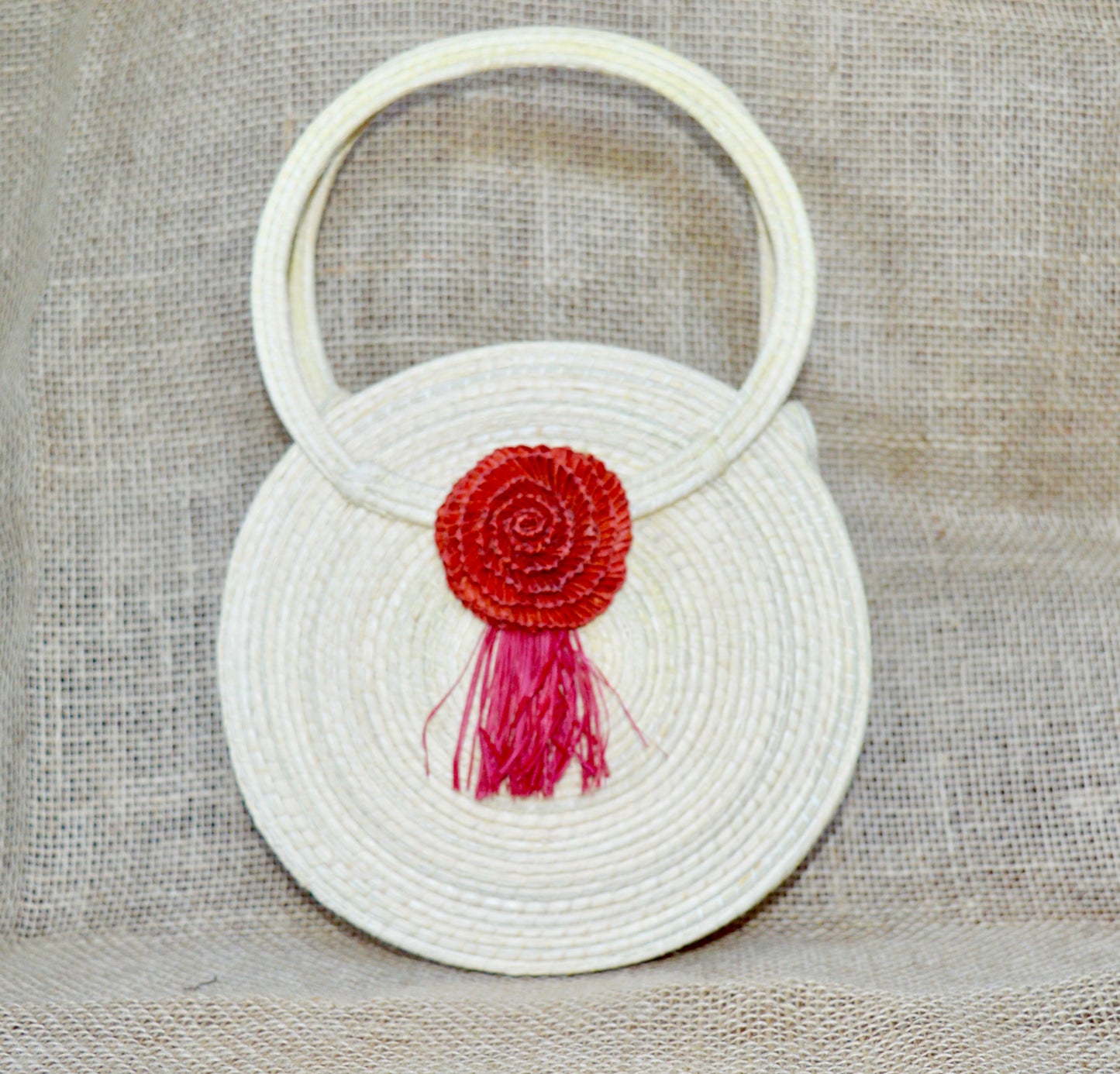 Embroidered rose, straw bag