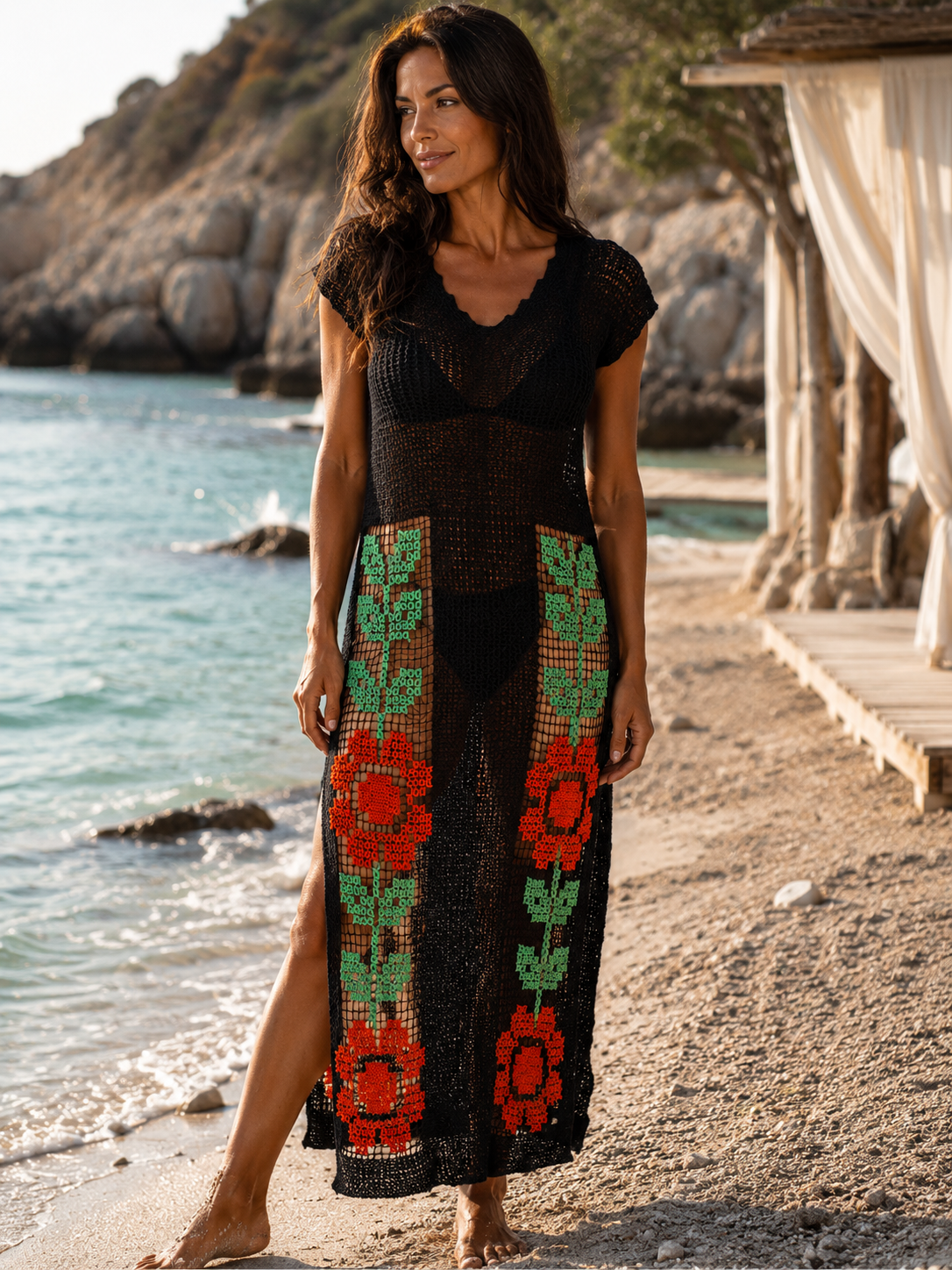 Rosas selvagens , Vestido de Bordado Filet feito à Mão
