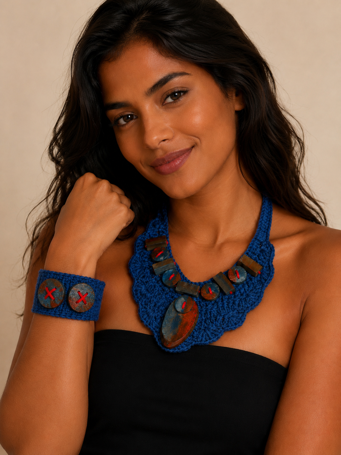 Raiz Viva,  Colar e Pulseira de crochet e madeira