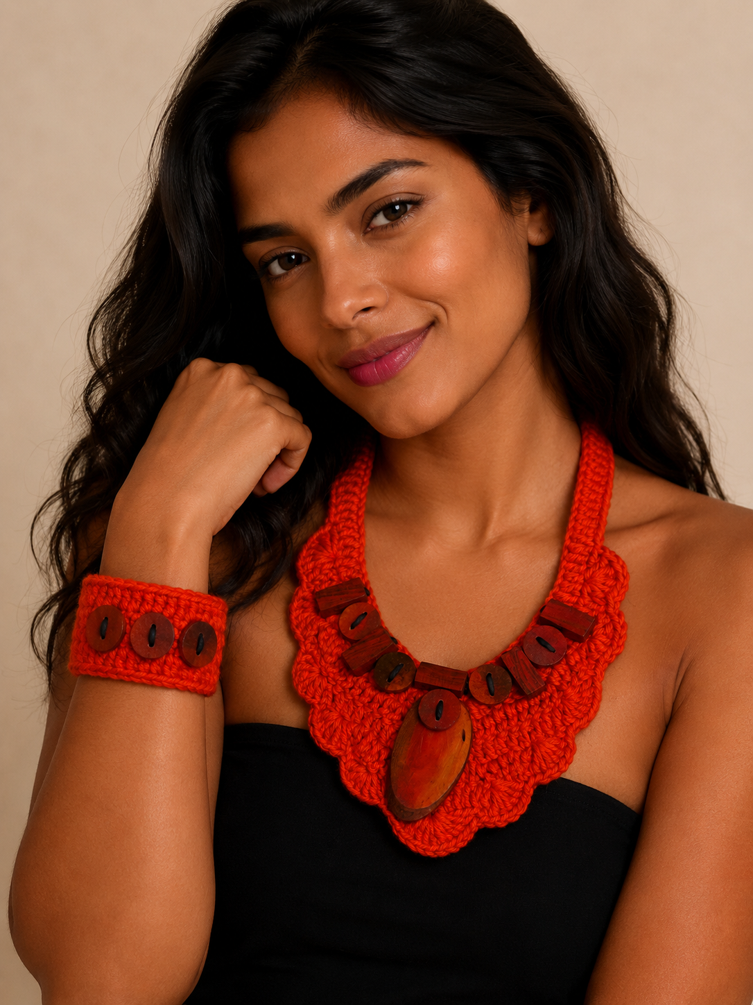 Raiz Viva,  Colar e Pulseira de crochet e madeira