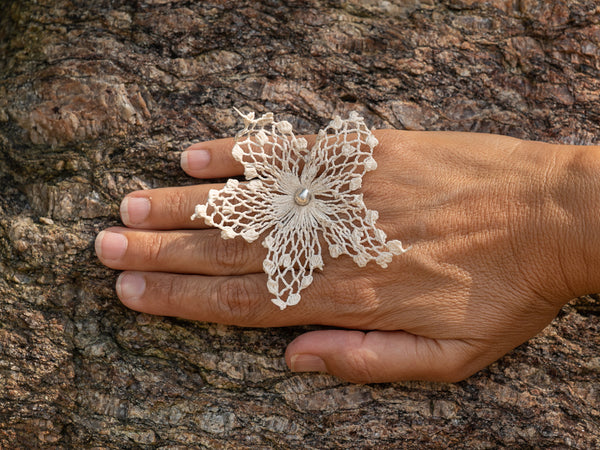 Frangipani, Turkish lace and silver ring