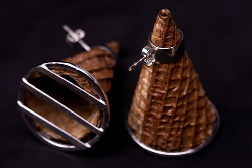 Cones, white golden plated silver earrings