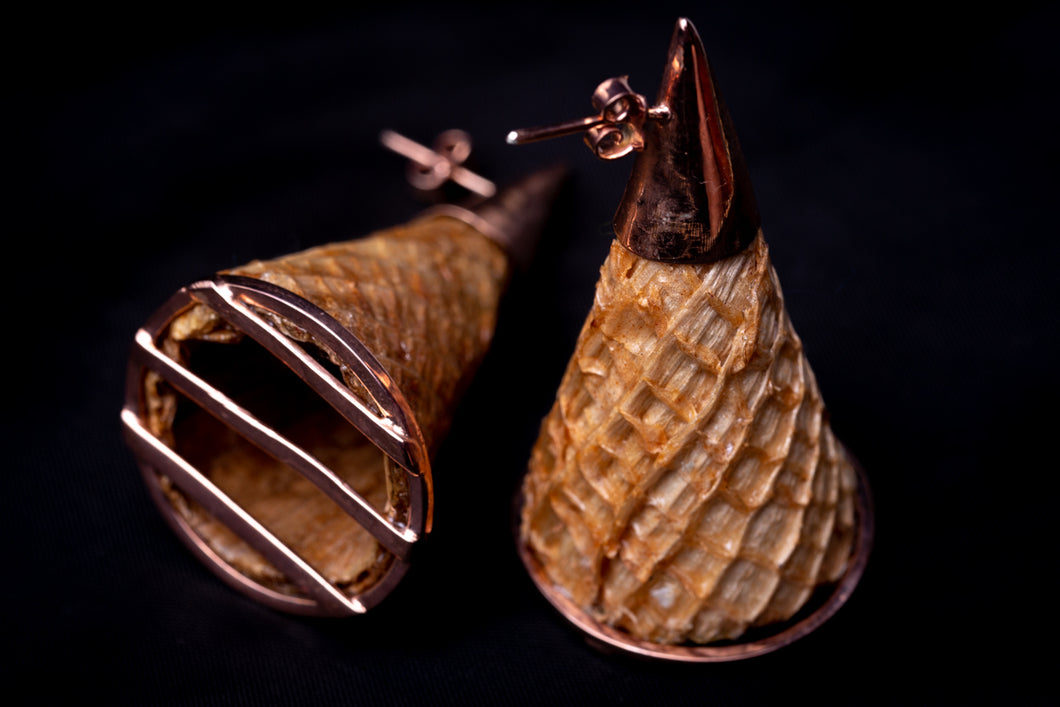 Cones, rose golden plated brass earrings